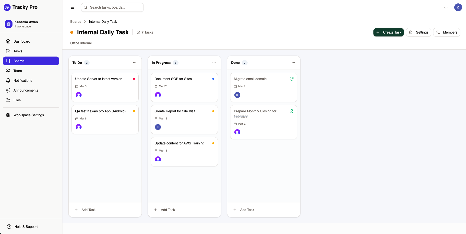 Tracky Kanban board showing To Do, In Progress, and Done columns with task cards